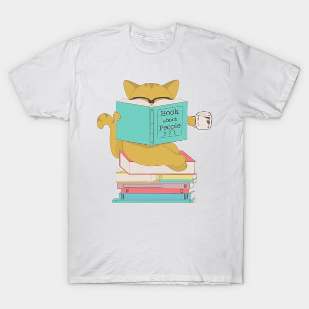 \Cat with glasses drinking coffee or tea and reading book about people T-Shirt by gogo-jr